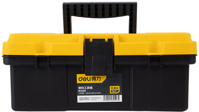델리 휴대용 플라스틱 이중 레이어 스토리지 공구 보관 툴박스 블랙 옐로우 DL6211, 1개