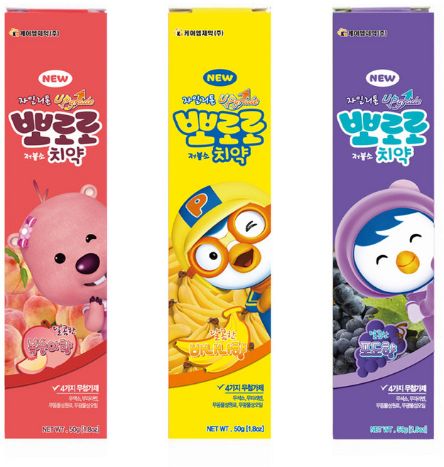 케이엠제약 뽀로로 저불소 복숭아향 + 바나나향 + 포도향 유아 치약, 150g, 1세트