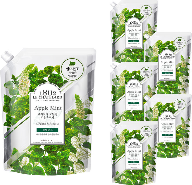 르샤트라1802 실내건조 고농축 섬유유연제 애플민트 리필, 1.6L, 6개