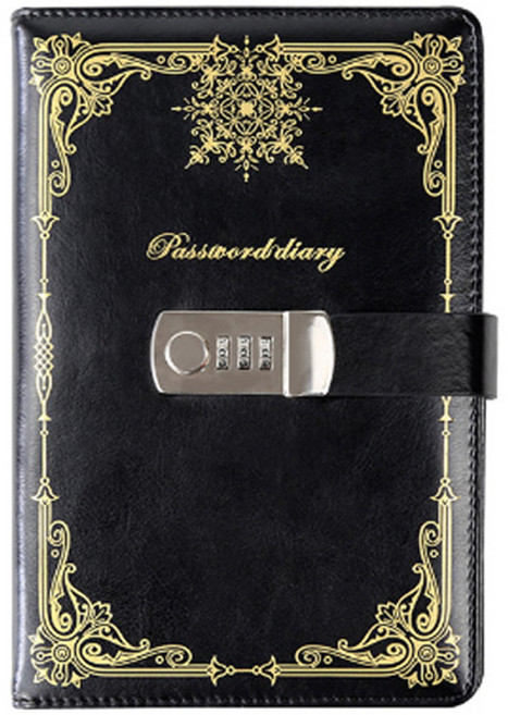 韓國 ARYKO 金邊秘密A5密碼鎖日記本, 黑色, 1個