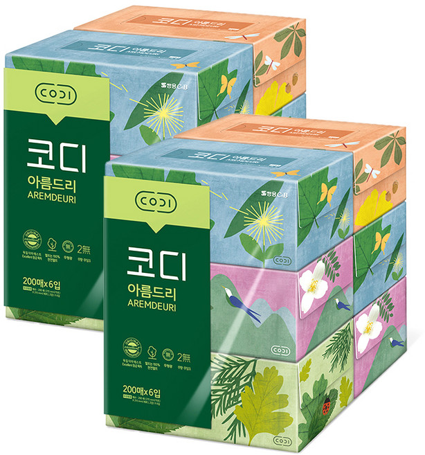 코디 아름드리 스위트 천연펄프 각티슈 2겹, 200매, 12개