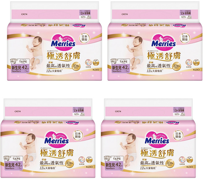 Merries 妙而舒 台灣公司貨 極透舒膚 黏貼型 紙尿褲, NB, 168片