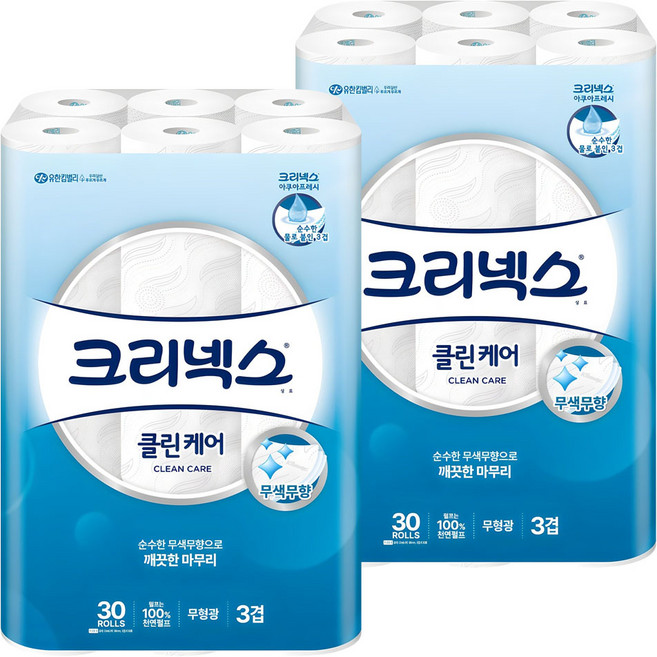 크리넥스 클린케어 천연펄프 3겹 고급롤화장지, 25m, 30롤, 2개