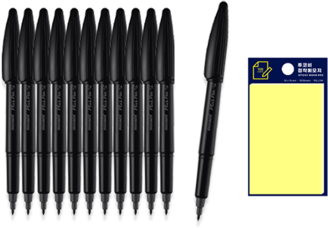 모나미 프러스펜 S 블랙 12p + 투코비 스티키 메모패드 세트, 노랑, 1세트