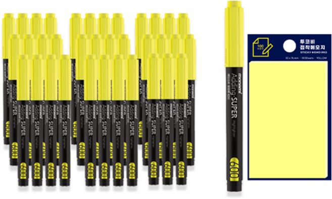 모나미 에딩슈퍼 형광펜 600 36p +투코비 스티키 메모패드 노랑 세트, 옐로우, 1세트