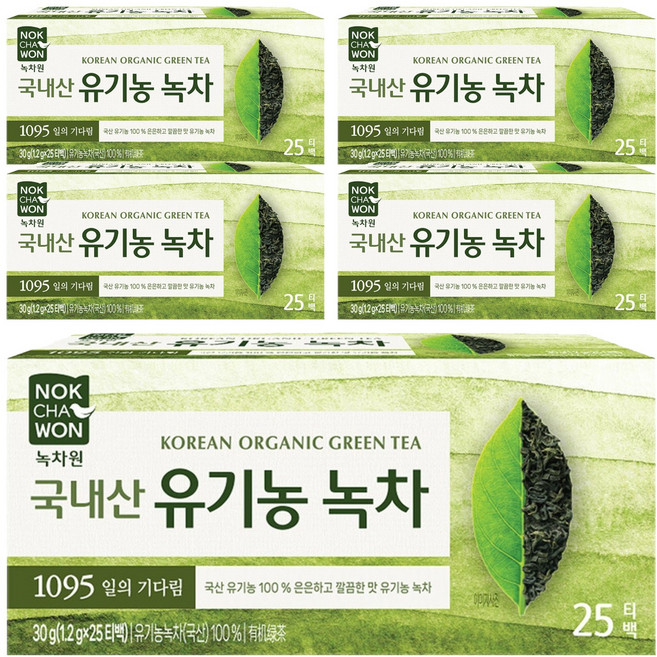 녹차원 국내산 유기농 순수녹차 티백, 1.2g, 25개입, 5개