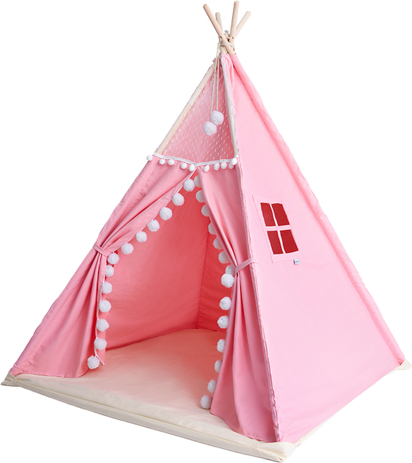 KIDMORY 凱麥瑞 印地安兒童遊戲帳篷 帆布材質 升級款圓球固定器 蕾絲天窗與童趣毛球設計, 公主粉, 1個
