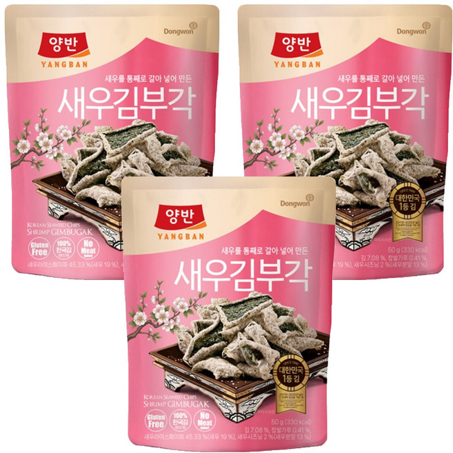 Dongwon 東遠 Yangban 兩班 鮮蝦風味海苔脆餅, 50g, 3包