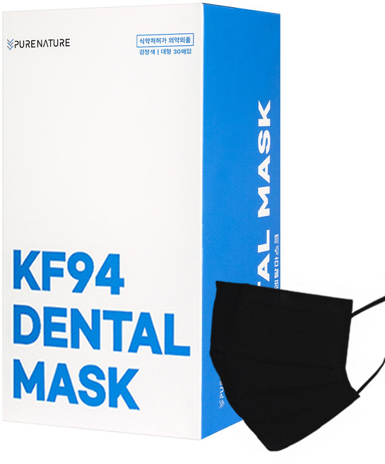 Purenature 덴탈형 피부 저자극 황사용마스크 대형 성인용 KF94, 30개입, 1개, 블랙