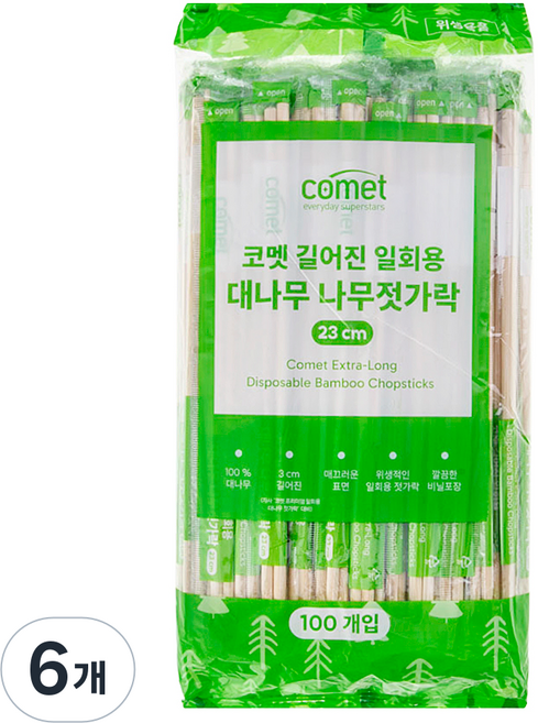 코멧 길어진 일회용 대나무 나무젓가락 23cm, 6개, 100개입
