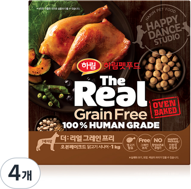 하림펫푸드 시니어 강아지 더리얼 그레인프리 오븐베이크드 건식사료, 닭, 1kg, 4개
