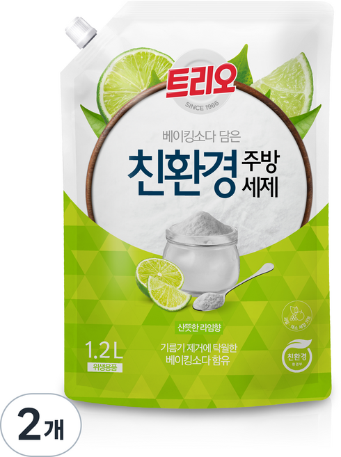 트리오 베이킹소다 담은 친환경 주방세제 라임향 리필, 1.2L, 2개