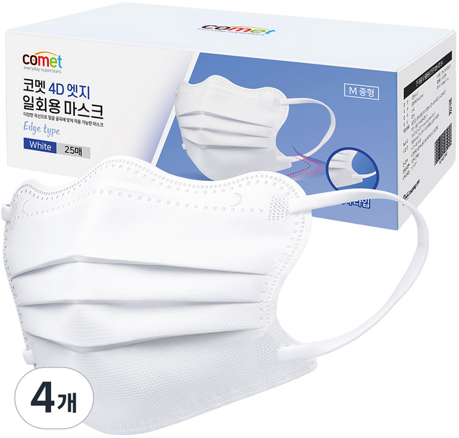 comet 修飾圓臉型 4D立體拋棄式口罩 獨立包裝 中型, 25入, 4個, 白色