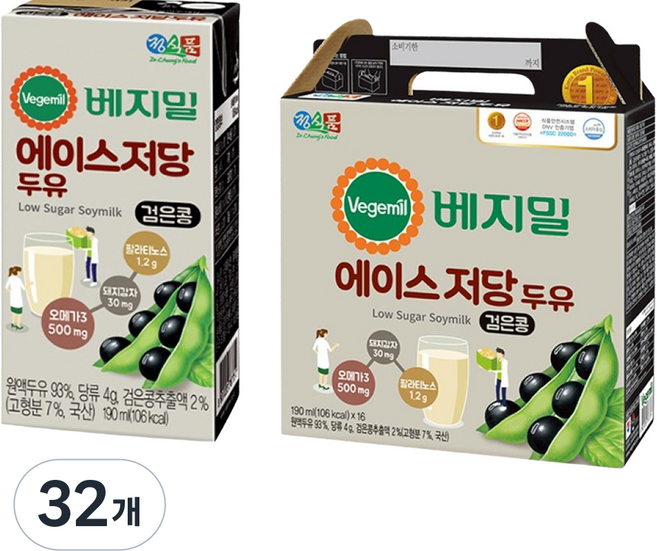 베지밀 에이스 저당두유, 190ml, 32개