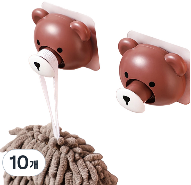 홈바내쓰 무타공 곰돌이 접착식 원터치 후크 걸이, 브라운, 10개