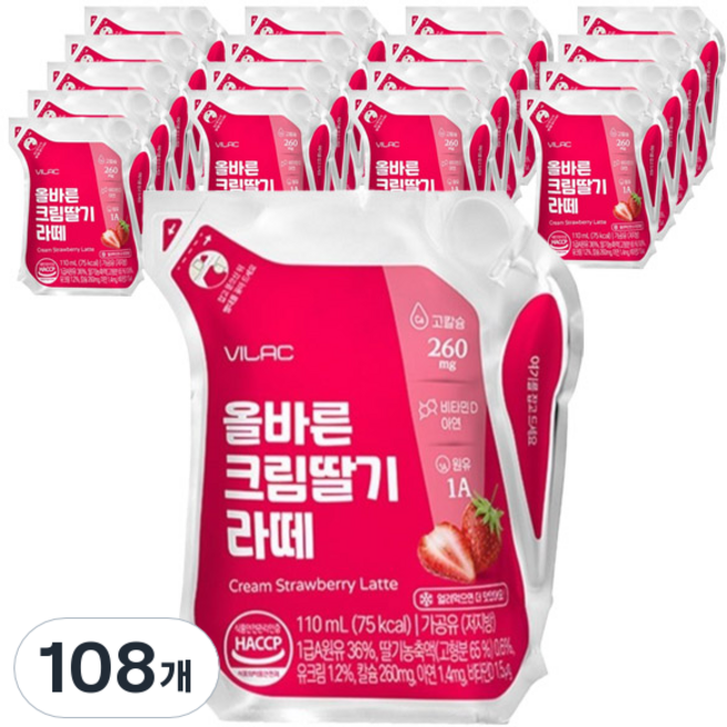 비락 올바른 크림딸기라떼, 108개, 110ml