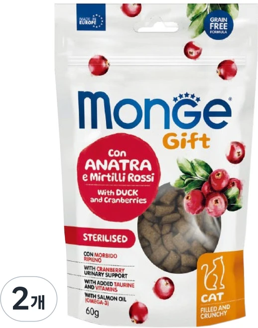 몬지 고양이 기프트 그레인프리 필드앤크런치 유리너리 서포트, 60g, 2개, 혼합맛(오리/크랜베리) - 쿠팡