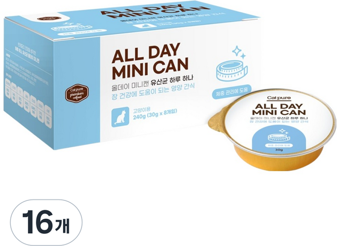 캣퓨어 고양이 올데이 유산균 미니 장건강 체중관리 도움 기능성 습식 간식캔, 16개, 30g, 치킨