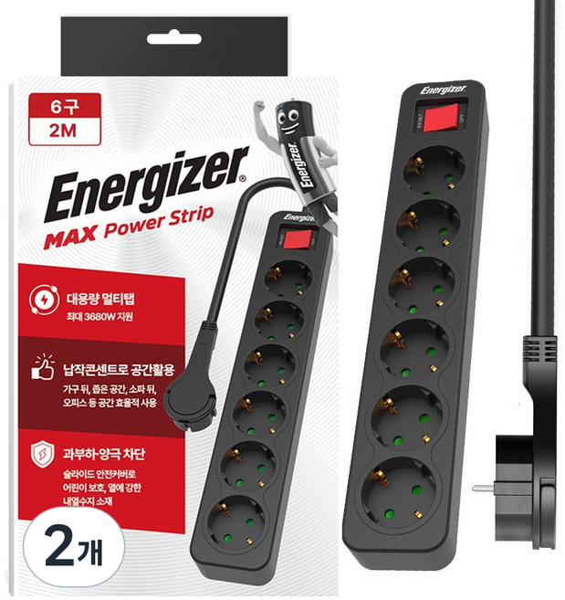 에너자이저 과부하차단 고용량 3680W 멀티탭 6구, 2m, 블랙, 2개