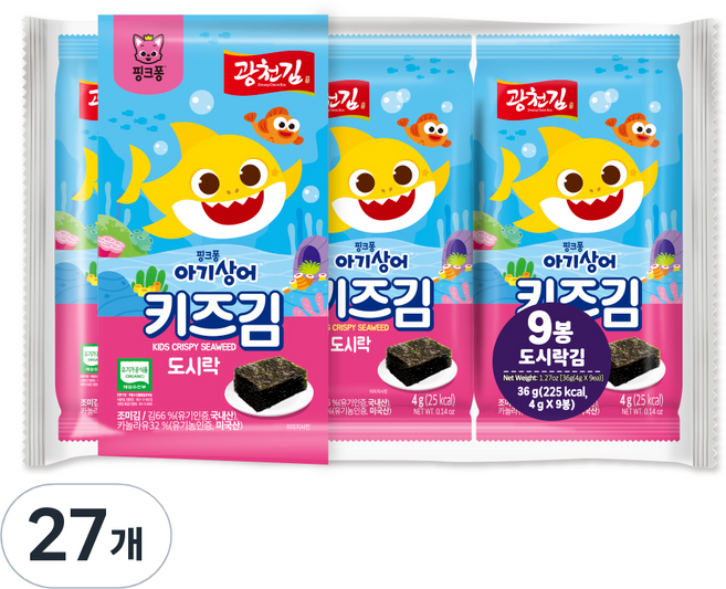 광천김 핑크퐁 키즈 도시락김, 김, 4g, 27개