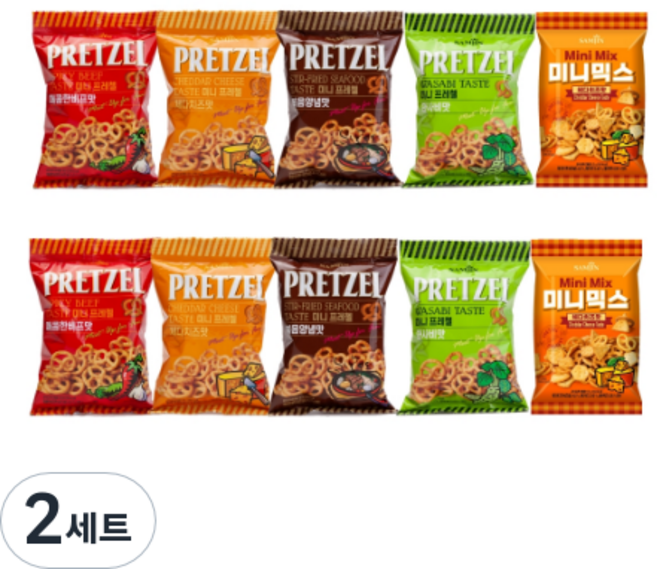 미니 프레첼 매콤한비프맛 85g x 2p + 와사비맛 85g x 2p + 볶음양념맛 85g x 2p+ 체다치즈맛 85g x 2p + 미니믹스 체다치즈맛 85g x 2p 세트, 2세트