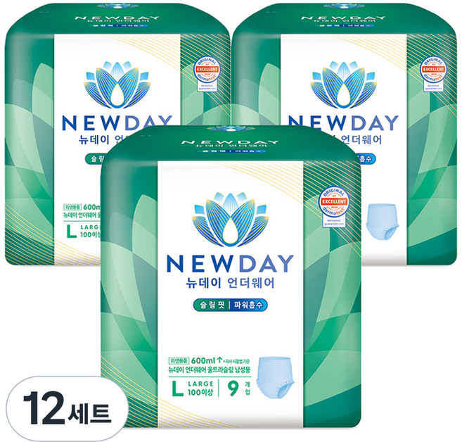 뉴데이 남성용 언더웨어 울트라슬림 성인기저귀, 대형, 9매입, 12세트