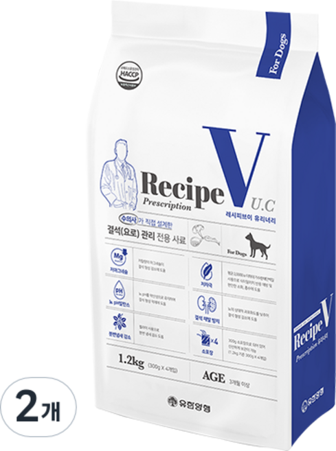 유한양행레시피브이 강아지 처방식 사료, 유리너리+결석, 1.2kg, 2개
