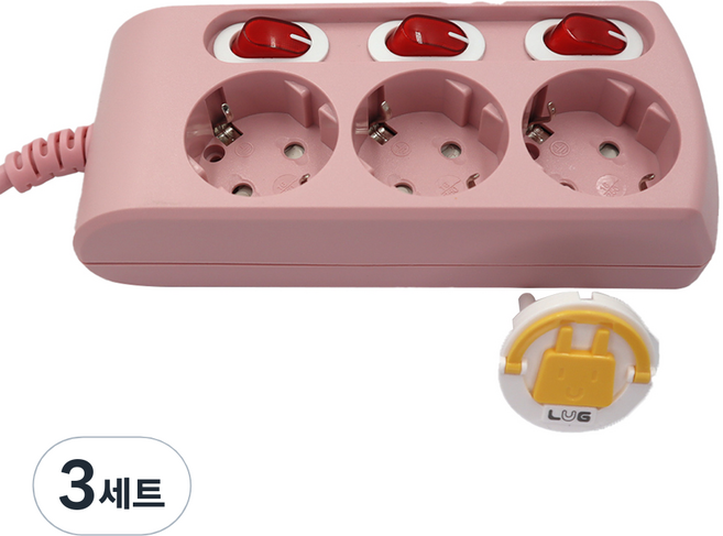 러그 일반 개별 멀티탭 3구 + 안전커버 세트 KF-KSB-03K3-A, 1.5m, 핑크 + 랜덤 발송, 3세트