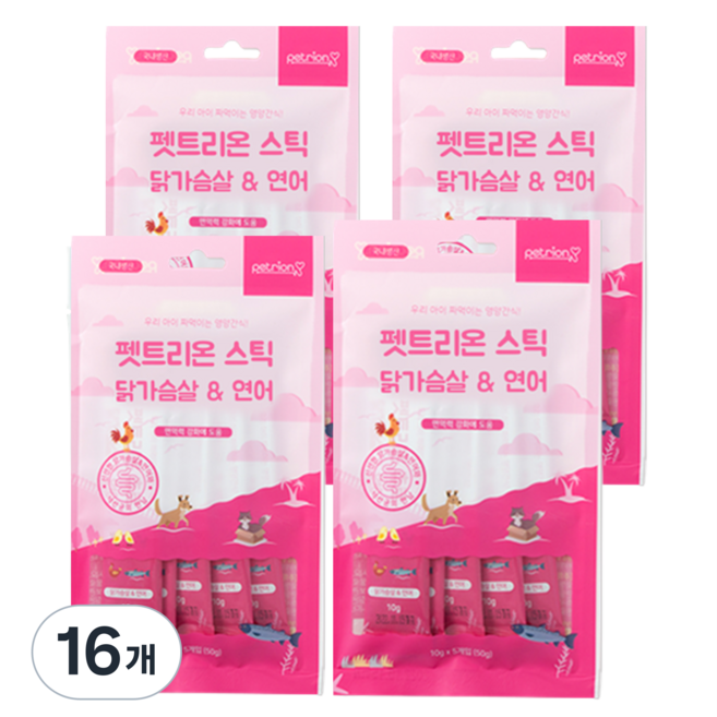 펫트리온 스틱 강아지 고양이 간식 4p, 닭가슴살 + 연어 혼합맛, 50g, 16개
