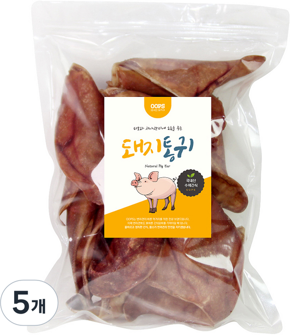 웁스 강아지 국내산 간식, 돼지 통귀, 500g, 5개