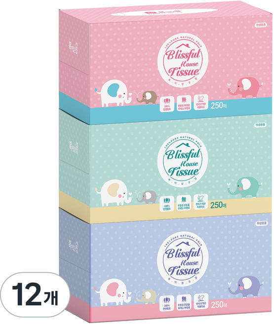 복이많은집 코끼리 천연펄프 미용티슈 250매 2겹, 1개입, 12개