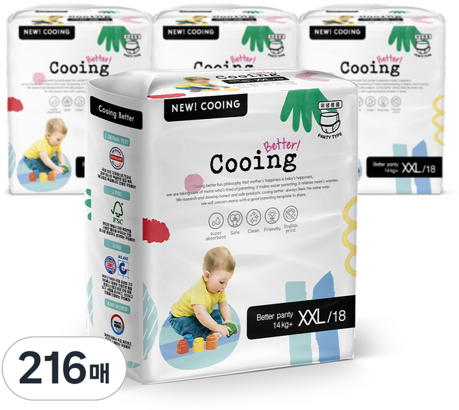 쿠잉 베러 팬티형 기저귀 유아용, 점보형(2XL), 216매
