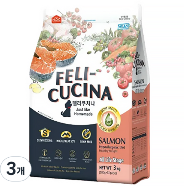 펠리쿠치나 전연령 강아지 소프트사료, 연어, 3kg, 3개