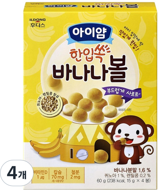 아이얌 일동후디스 한입쏙 바나나볼, 4개, 60g, 바나나맛