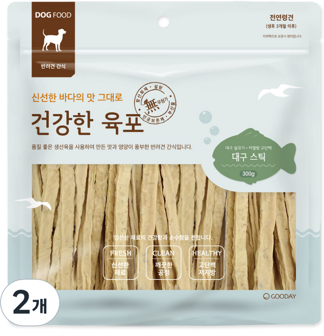 굿데이 건강한 육포 스틱 강아지간식, 대구, 300g, 2개