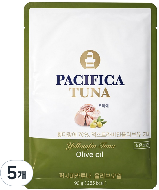 퍼시피카튜나 황다랑어 엑스트라버진 올리브오일 참치파우치, 5개, 90g