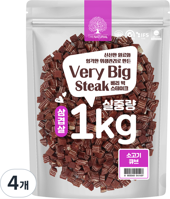 더내추럴 강아지 베리빅 삼겹살 스테이크, 소고기큐브, 1kg, 4개