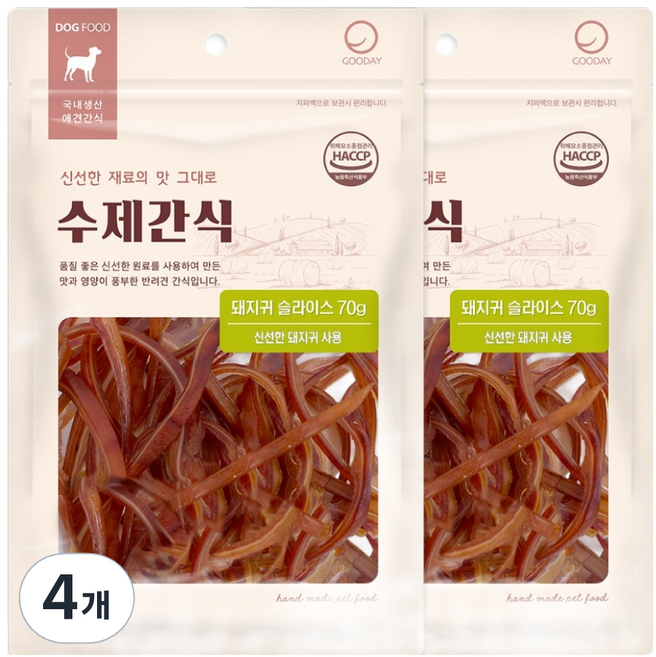 굿데이 강아지 수제간식, 돼지귀 슬라이스, 70g, 4개