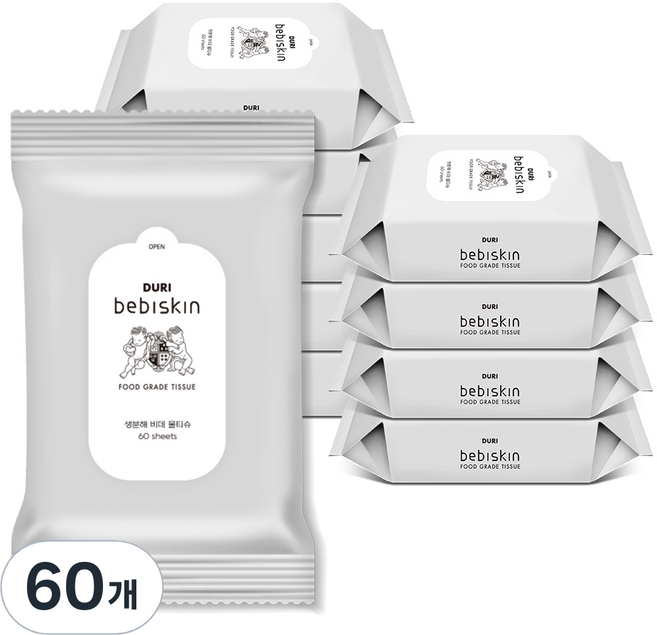 두리 베비스킨 생분해 비데 물티슈 리필형, 63g, 60개입, 60개