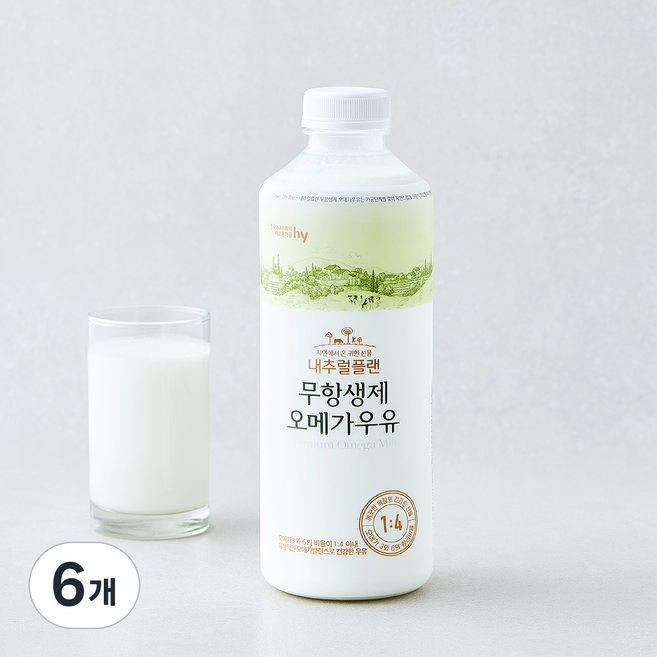 에치와이 무항생제 인증 내추럴플랜 오메가 우유, 6개, 930ml