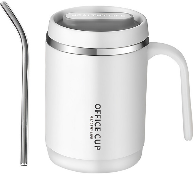 304不鏽鋼手把鋼杯 時尚手把設計 雙層設計 保溫效果更佳 一體設計杯蓋, 素雅白, 500ml, 1個