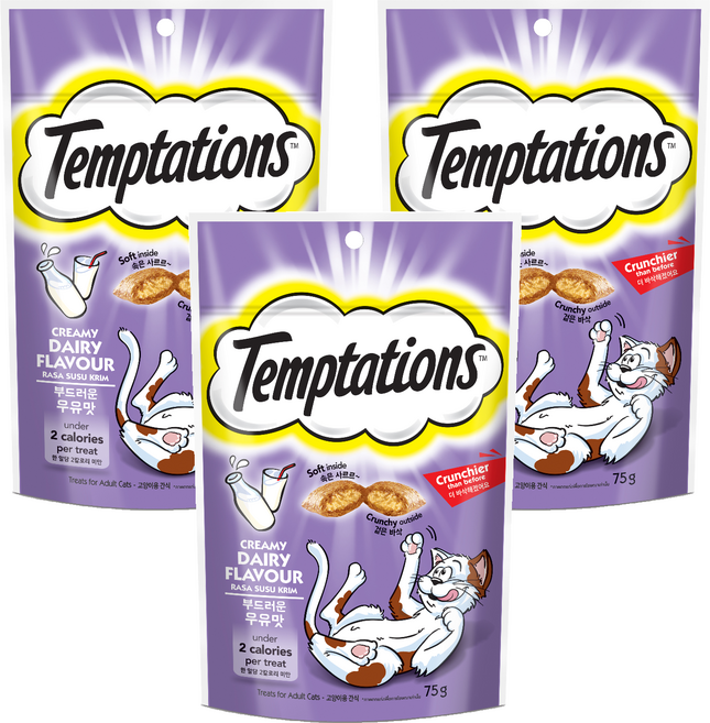 템테이션 고양이 부드러운 스낵, 우유맛, 75g, 3개