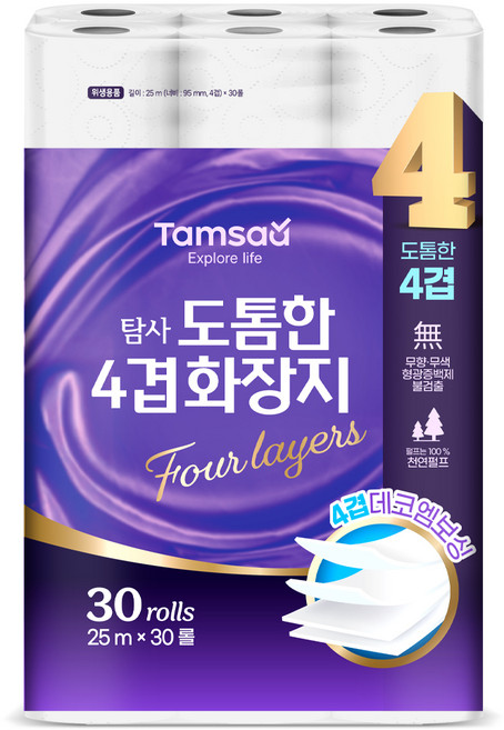 탐사 도톰한 천연펄프 4겹 화장지, 1세트, 30롤, 25m