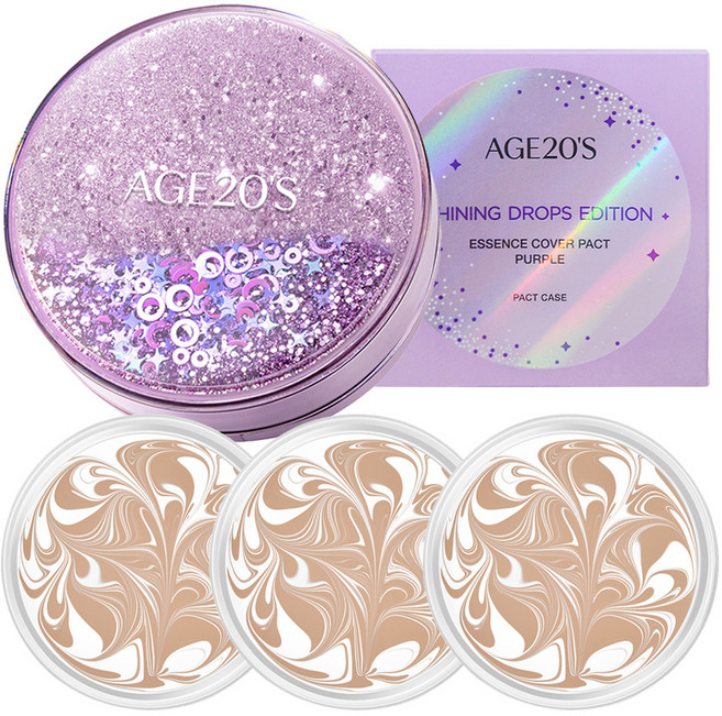 에이지투웨니스 샤이닝 드롭스 에디션 뉴오리지널 에센스 커버 팩트 케이스 퍼플 + 리필 12.5g x 3p, 21호 화이트라떼, 1개