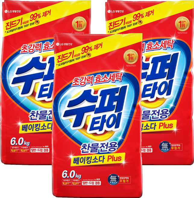 수퍼타이 찬물전용 베이킹소다 플러스 분말세제 리필, 6kg, 3개