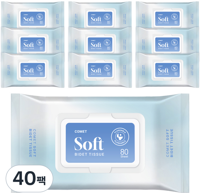 코멧 소프트 부드러운 비데티슈 캡형, 40팩, 80매, 55g