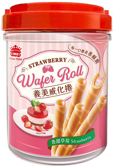 義美 威化捲輕巧桶 香甜草莓, 318g, 1罐