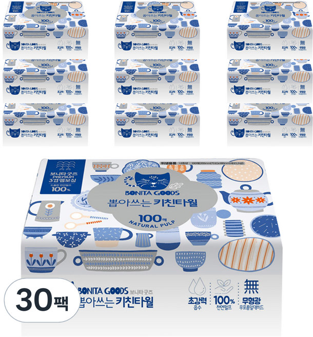보니타굿즈 뽑아쓰는 천연펄프 키친타올 3겹, 100개입, 30개