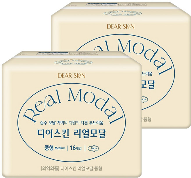 디어스킨 리얼모달 생리대 날개형, 중형, 16개입, 2개