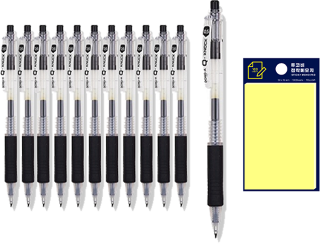 동아 Q노크 스탠다드 볼펜 0.5mm 12p + 투코비 스티키 메모패드 노랑 세트, 검정, 1세트